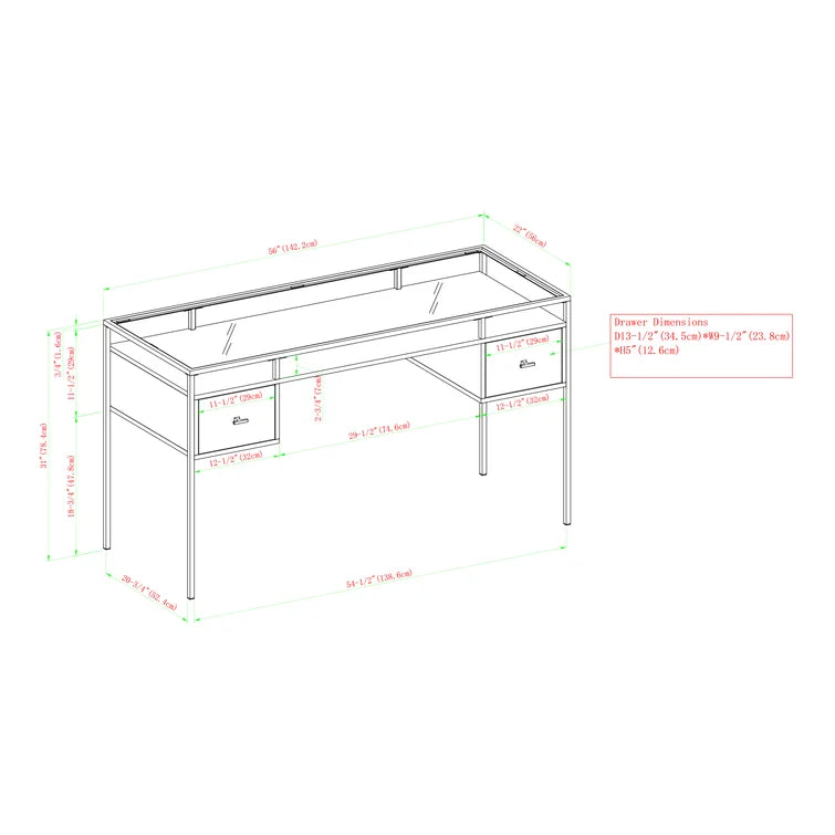 56" 2-Drawer Glass-Top Writing Desk