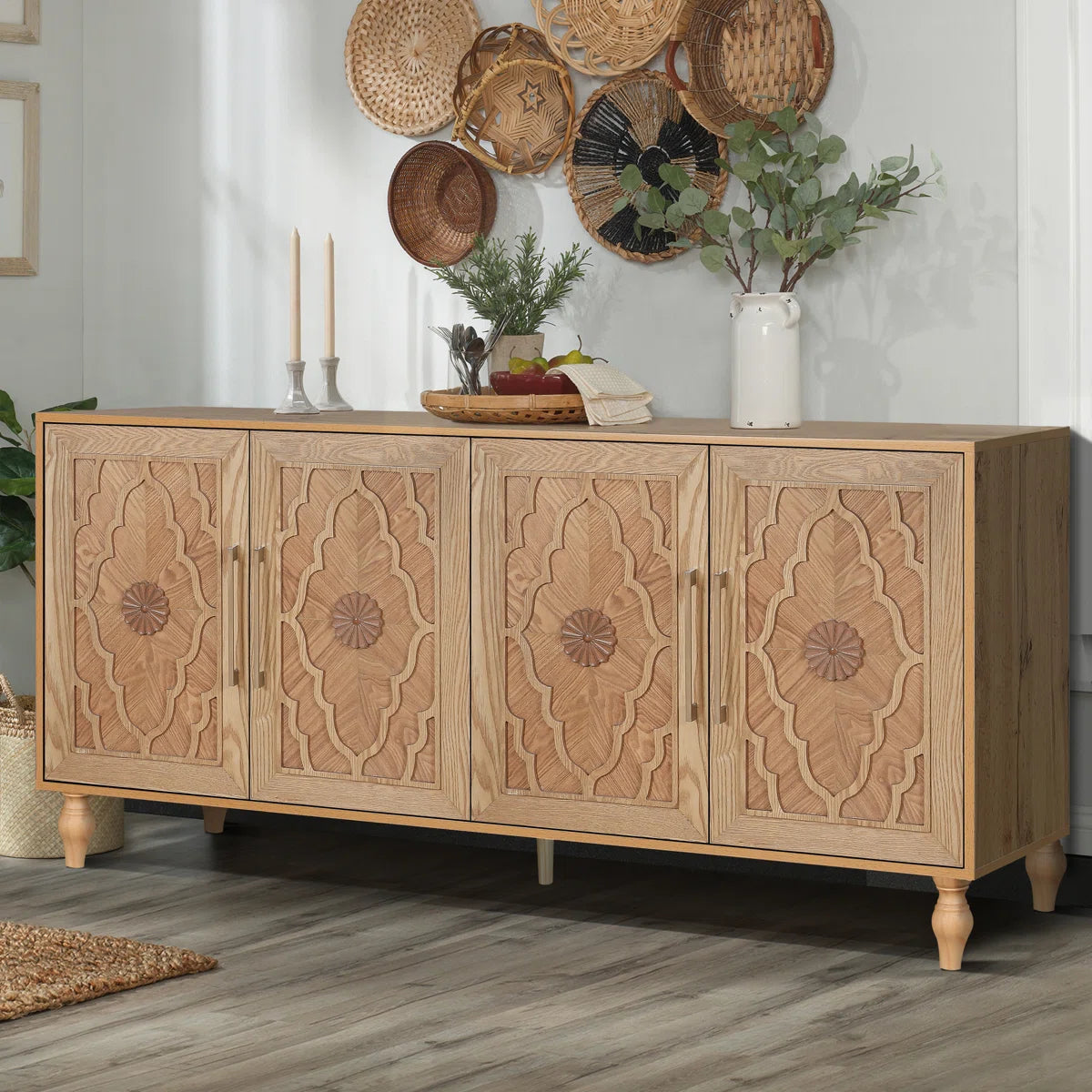 Wood Storage Cabinet with Carved Door and Metal Handle, Versatile and Stylish for Home Decor