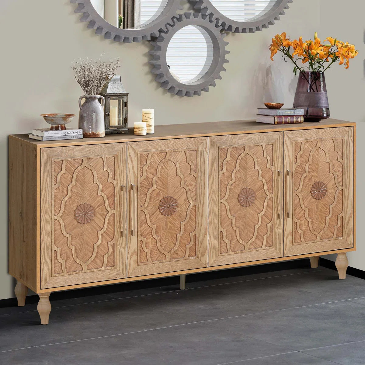 Wood Storage Cabinet with Carved Door and Metal Handle, Versatile and Stylish for Home Decor