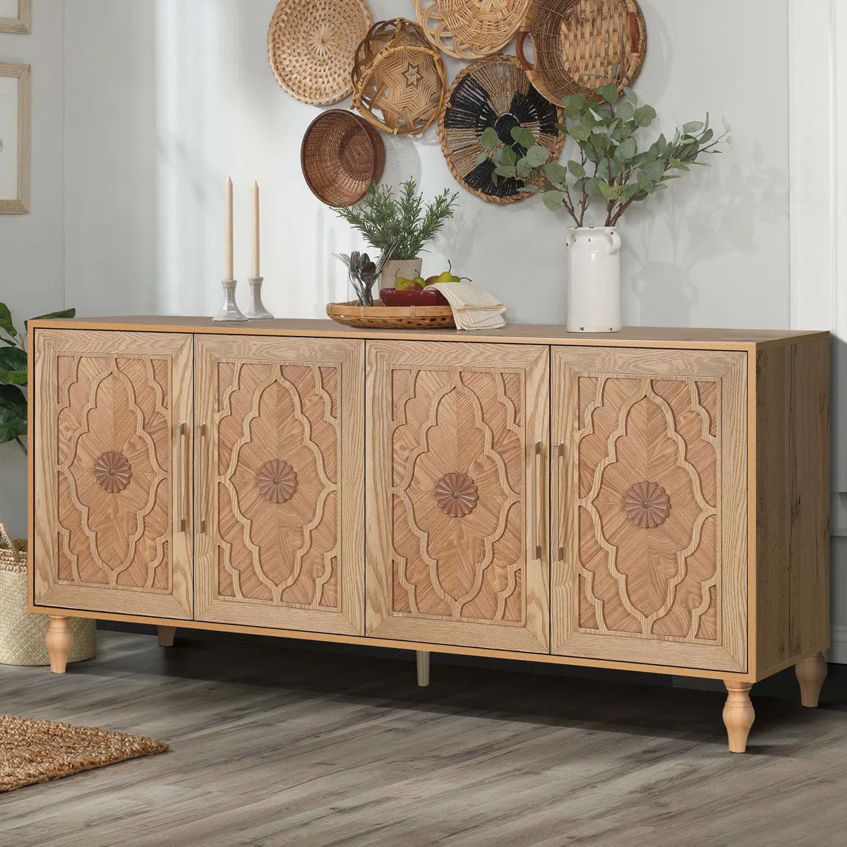 Wood Storage Cabinet with Carved Door and Metal Handle, Versatile and Stylish for Home Decor