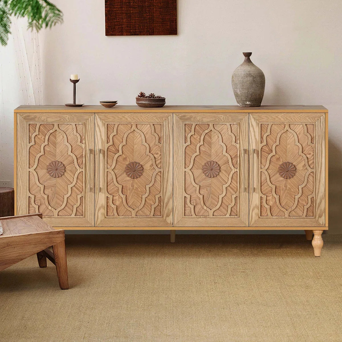 Wood Storage Cabinet with Carved Door and Metal Handle, Versatile and Stylish for Home Decor