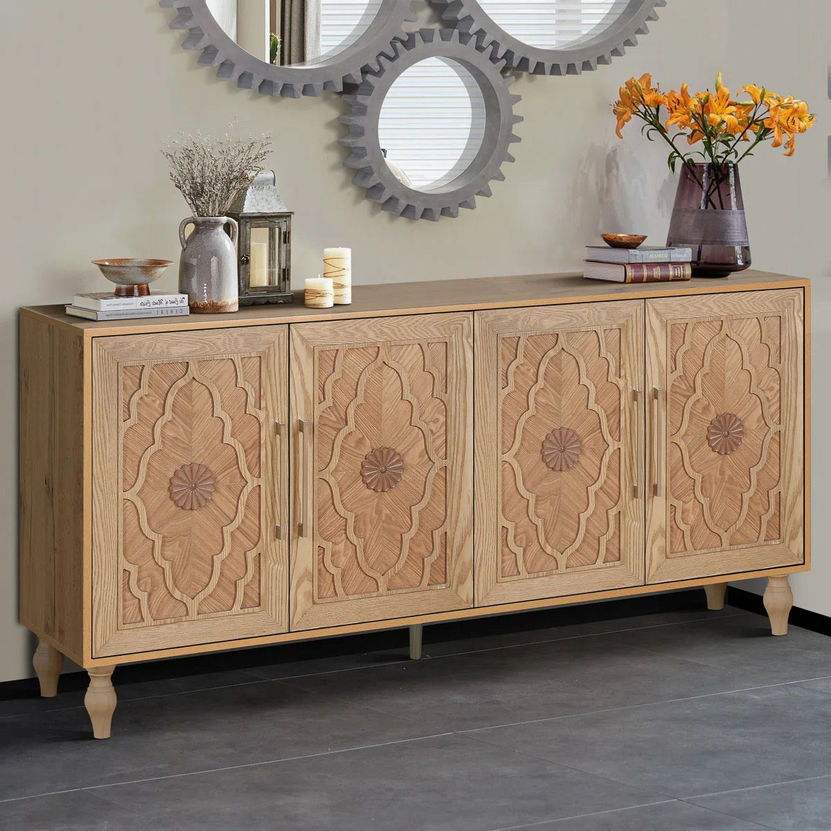 Wood Storage Cabinet with Carved Door and Metal Handle, Versatile and Stylish for Home Decor