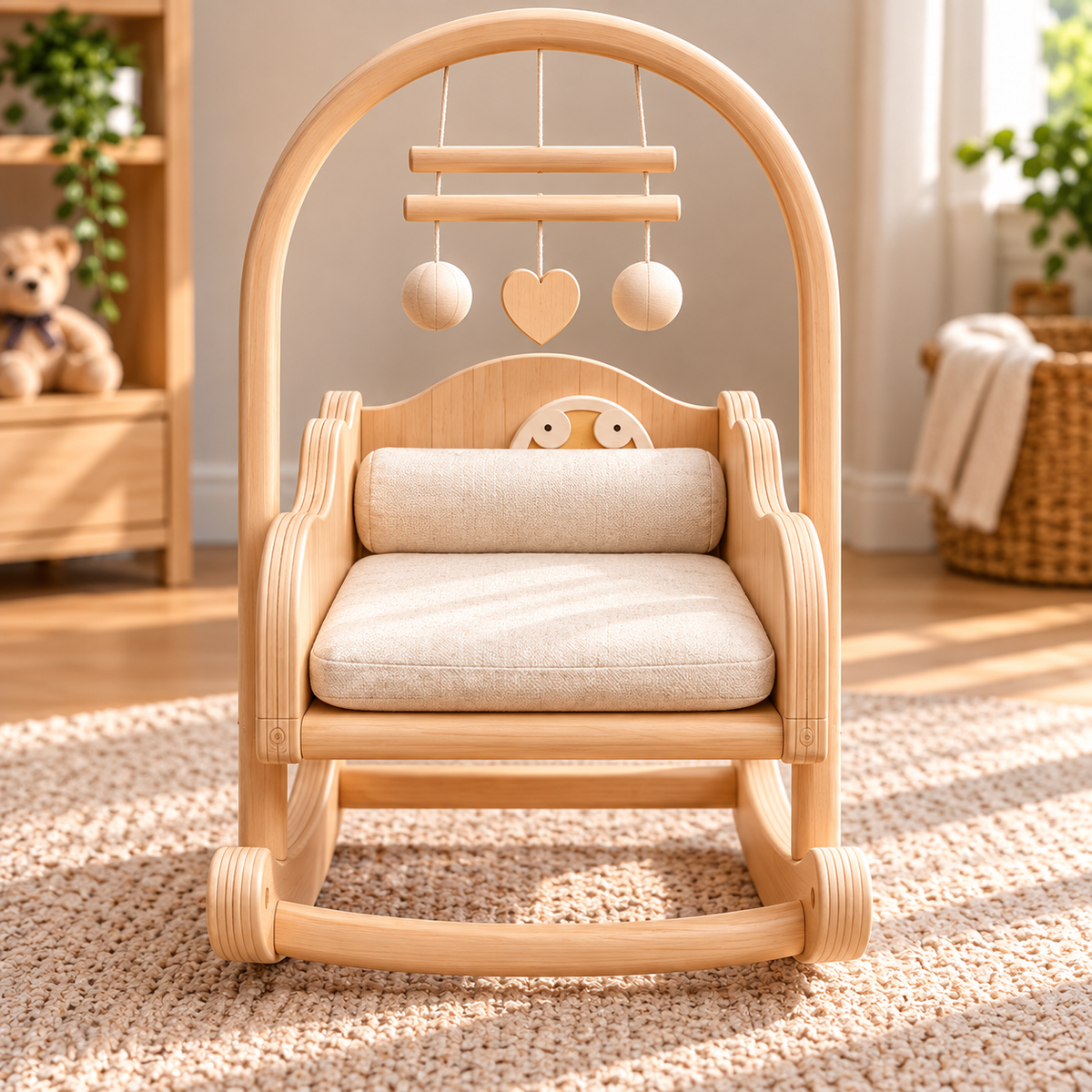 Wooden Baby Rocking Cradle with Arch Frame, Natural Wood Baby Crib with Curved Rocker Base, Soft Mattress and Hanging Musical Mobile, Modern Nursery Furniture for Baby Room