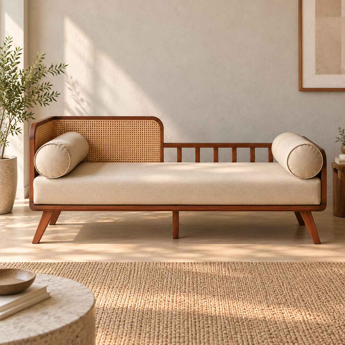Wooden Cane Daybed Sofa with Beige Upholstery & Bolster Pillows | Mid-Century Modern 3 Seater Sofa for Living Room, Bedroom & Lounge