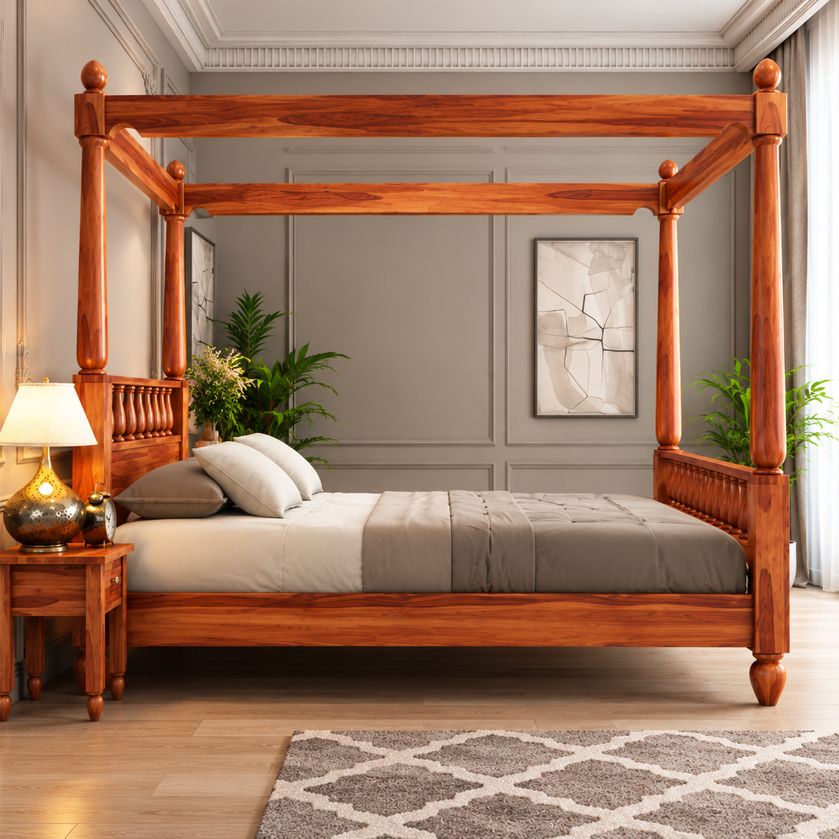 Wooden Four Poster Canopy Bed with Spindle Headboard and Footboard | Luxury Solid Wood Bed Frame for Bedroom