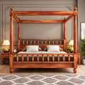 Wooden Four Poster Canopy Bed with Spindle Headboard and Footboard | Luxury Solid Wood Bed Frame for Bedroom