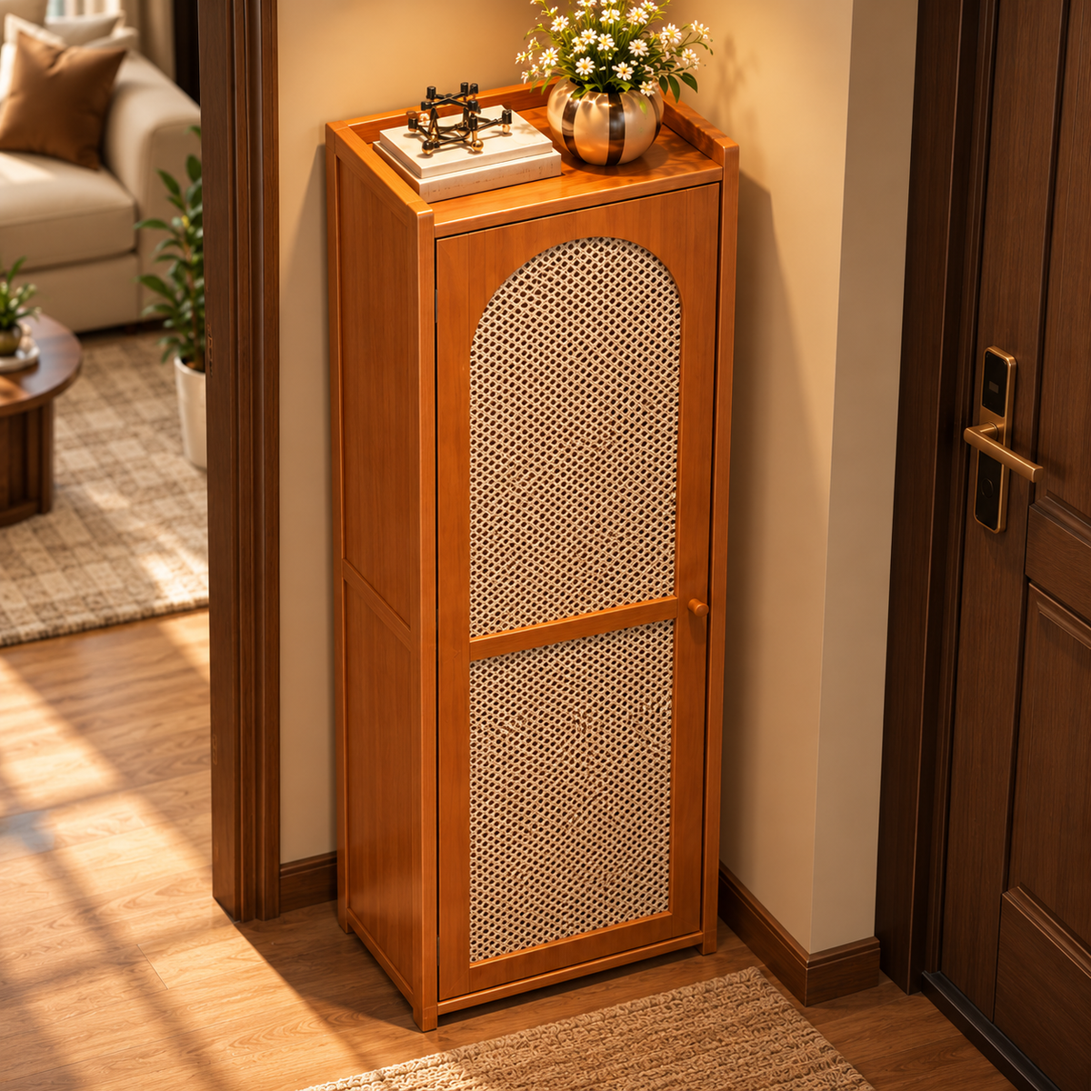 Wooden Shoe Cabinet with Cane Rattan Door, Tall Slim Shoe Storage Organizer, Walnut Brown Shoe Rack for Entryway and Hallway