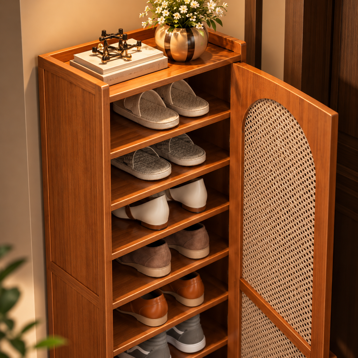 Wooden Shoe Cabinet with Cane Rattan Door, Tall Slim Shoe Storage Organizer, Walnut Brown Shoe Rack for Entryway and Hallway