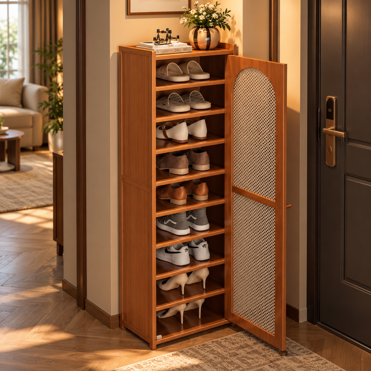 Wooden Shoe Cabinet with Cane Rattan Door, Tall Slim Shoe Storage Organizer, Walnut Brown Shoe Rack for Entryway and Hallway