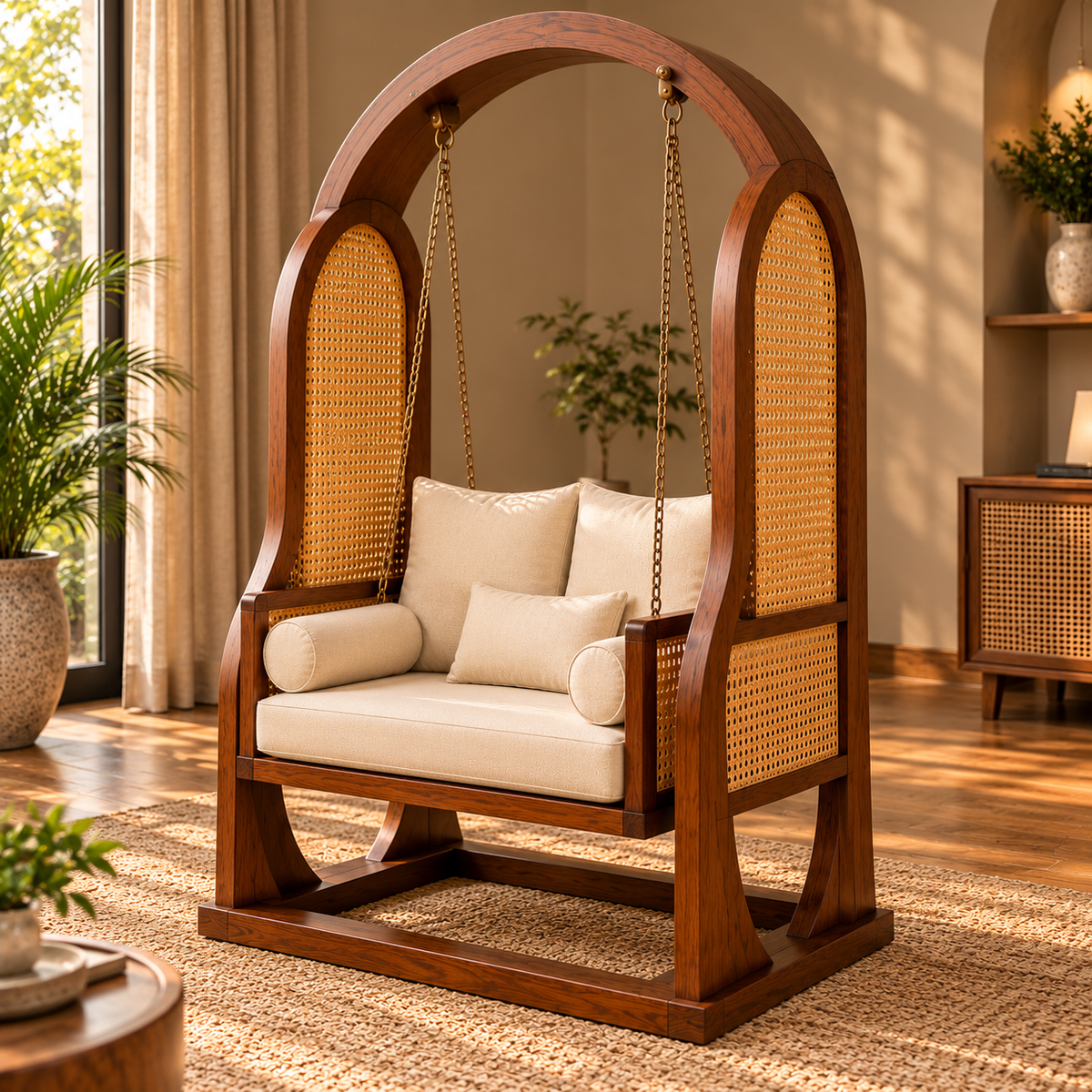 Wooden Swing Chair with Cane Panels and Cushions, Freestanding Arch Frame Swing Loveseat for Living Room, Bedroom, Balcony and Indoor Relaxation, Walnut Brown