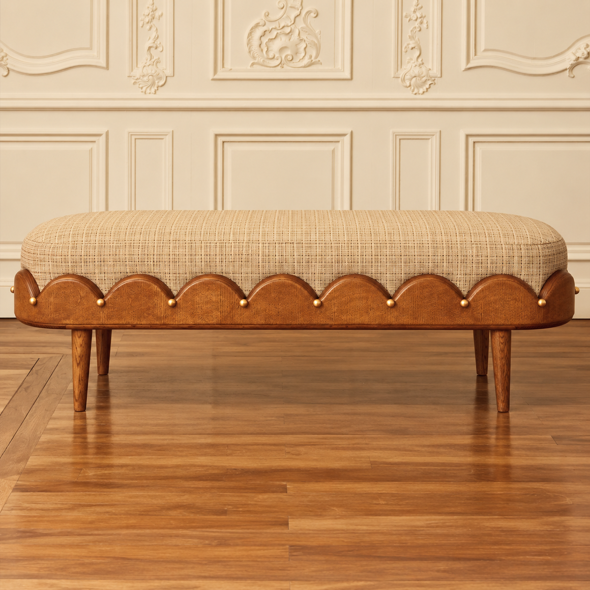 Wooden Upholstered Bench for Living Room | Solid Wood Ottoman Bench with Beige Fabric, Scalloped Design & Tapered Legs