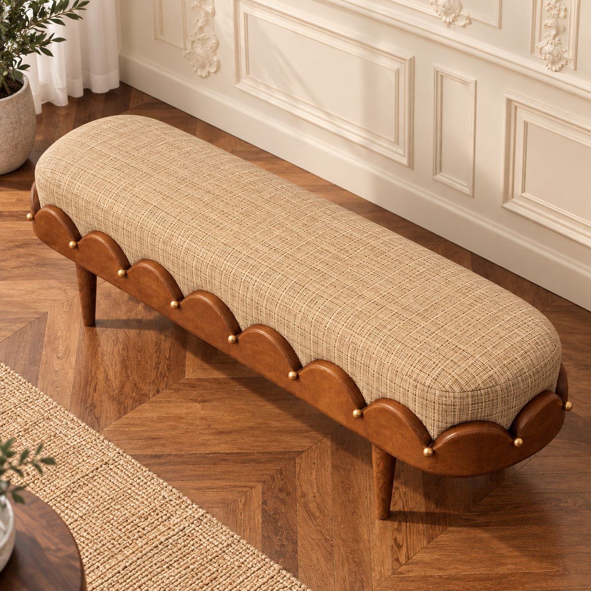 Wooden Upholstered Bench for Living Room | Solid Wood Ottoman Bench with Beige Fabric, Scalloped Design & Tapered Legs