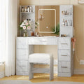 Wooden Makeup Vanity Table Set – LED Mirror, 7 Drawers, 6 Shelves, Hair Dryer Rack & Marble White Finish