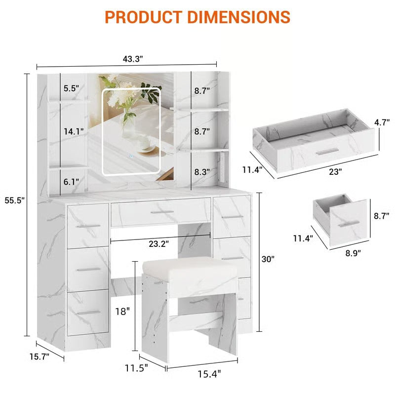 Wooden Vanity Table Set with LED Mirror-OUCH CART |Dressing table 