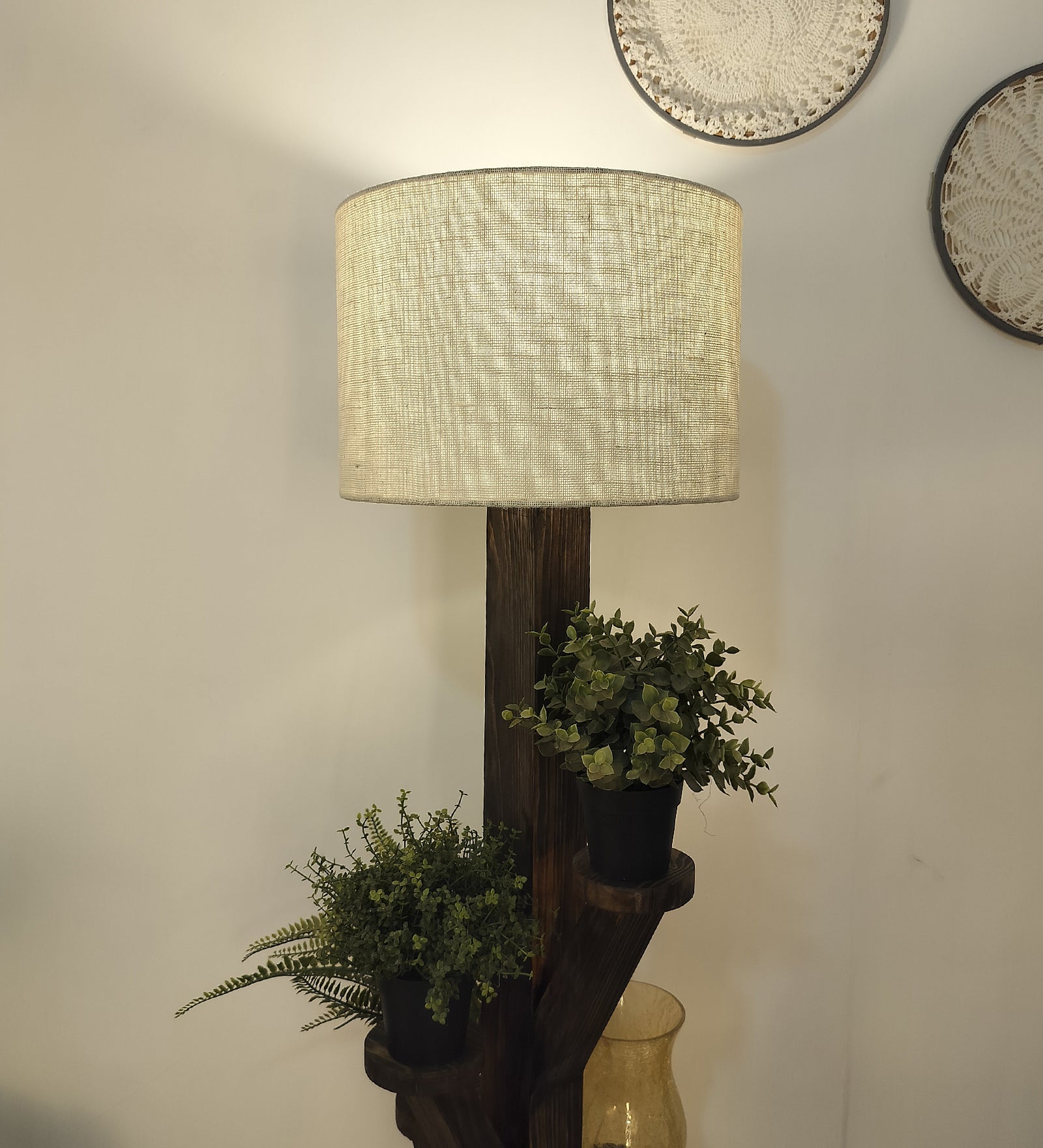 Woods Wooden Floor Lamp with Brown Base and Jute Fabric Lampshade