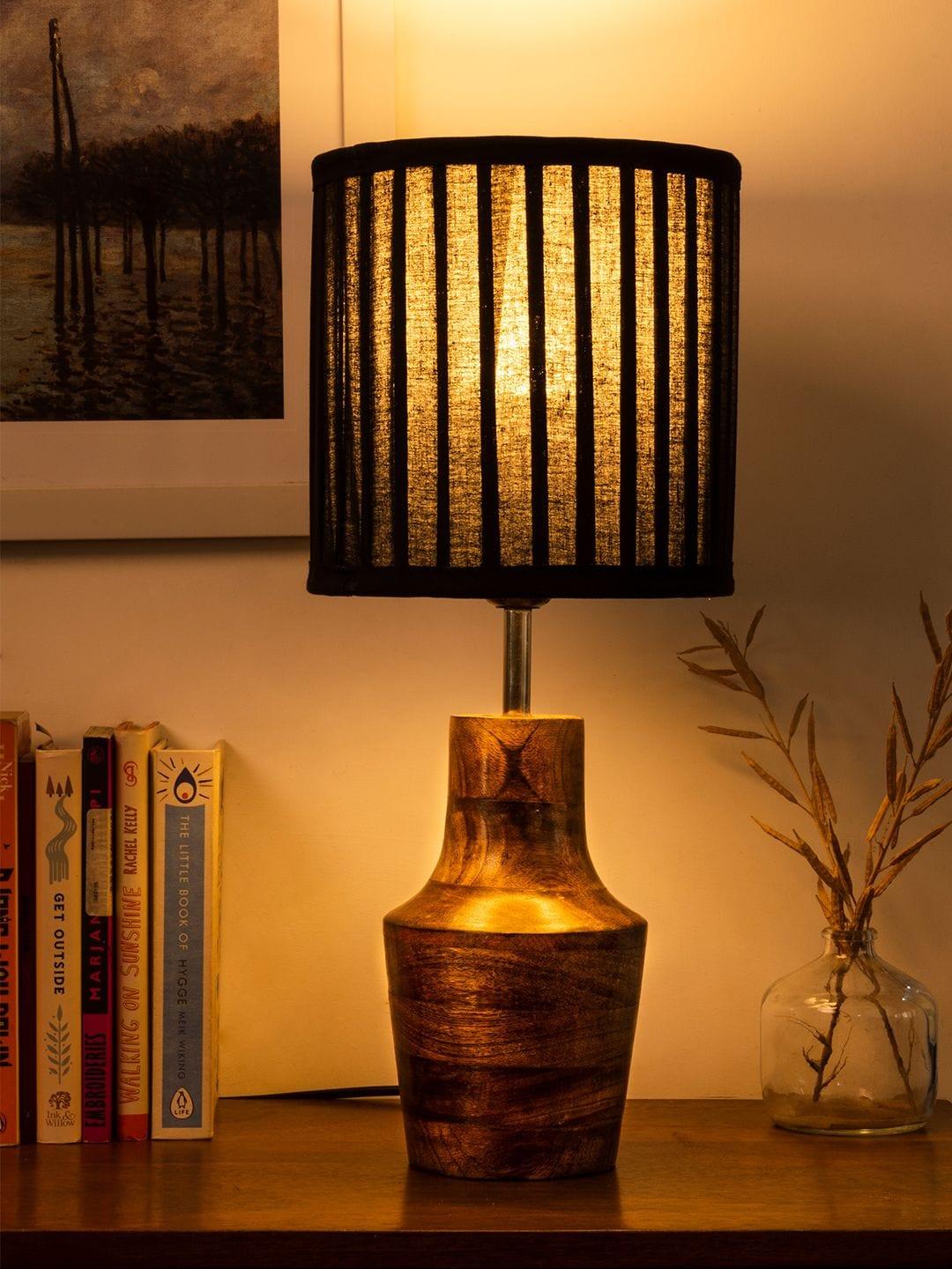 Wooden Firkin Lamp with Pleeted Cotton Black Shade - Ouch Cart 