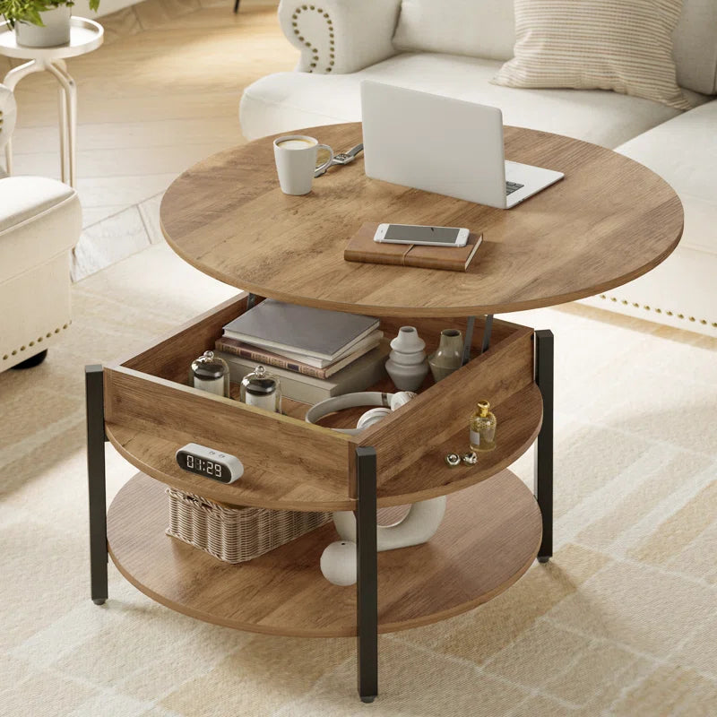 Small Round Lift-Top Coffee Table with Double-Layer Storage,