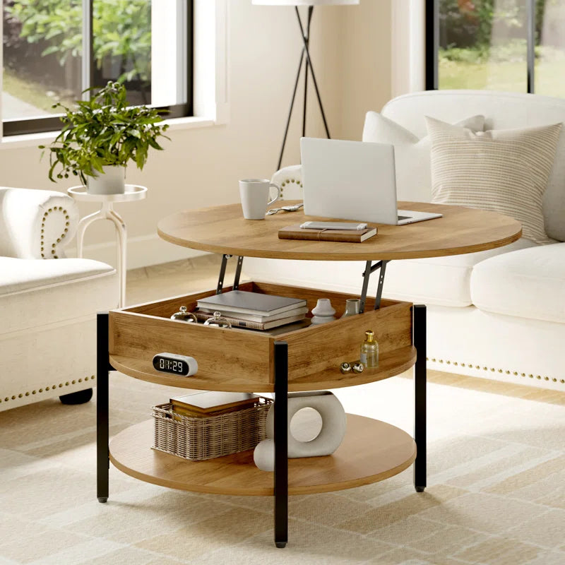 Small Round Lift-Top Coffee Table with Double-Layer Storage,