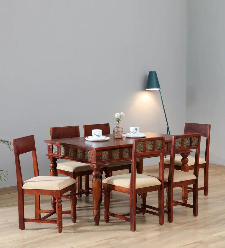 Sheesham Wood 6 Seater Dining Set In Scratch Resistant Honey Oak Finish With Brass Cladding - Ouch Cart 