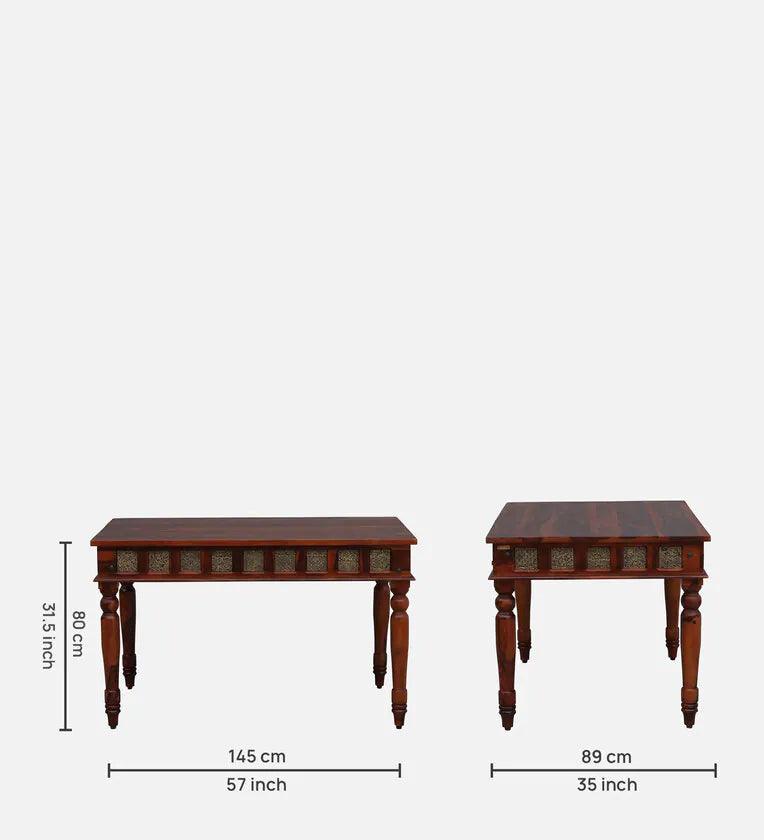 Sheesham Wood 6 Seater Dining Set In Scratch Resistant Honey Oak Finish With Brass Cladding - Ouch Cart 