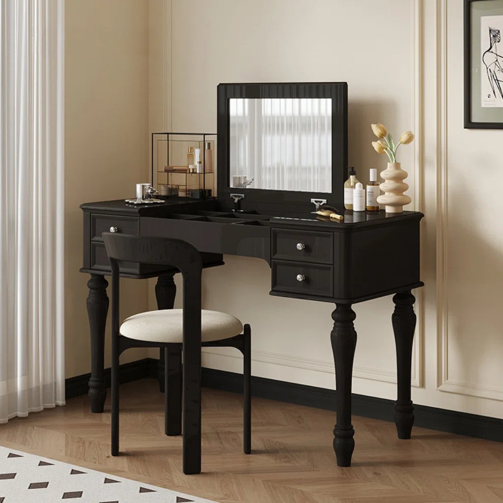 Modern Black Vanity Table with Mirror & Smart Storage – Solid & Engineered Wood