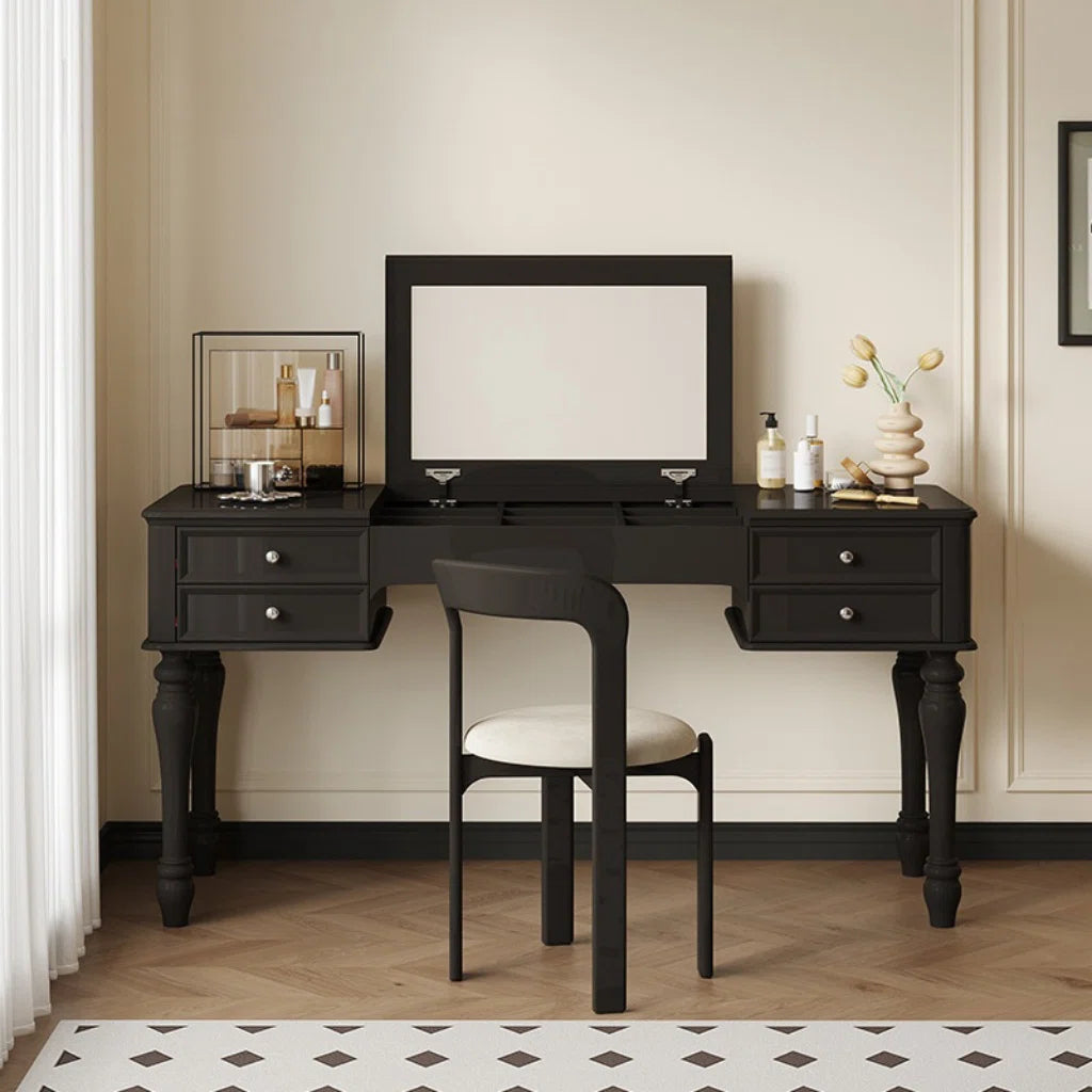 Modern Black Vanity Table with Mirror & Smart Storage – Solid & Engineered Wood