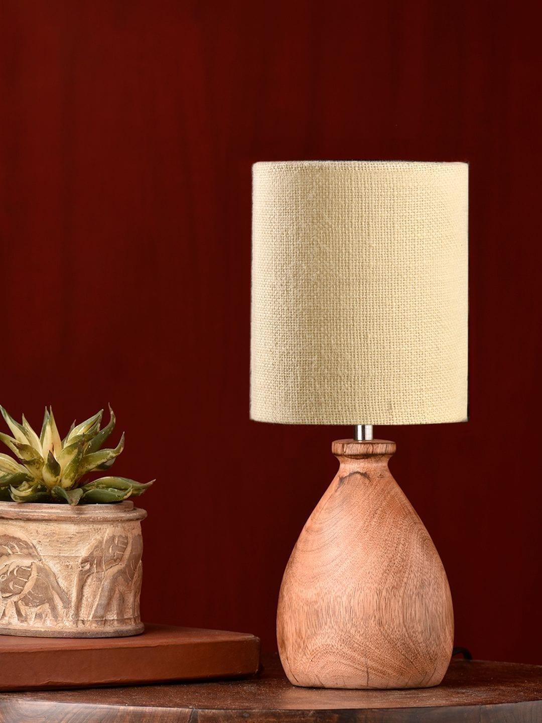 Wooden Dome Table Lamp with Jute White Shade - Ouch Cart 