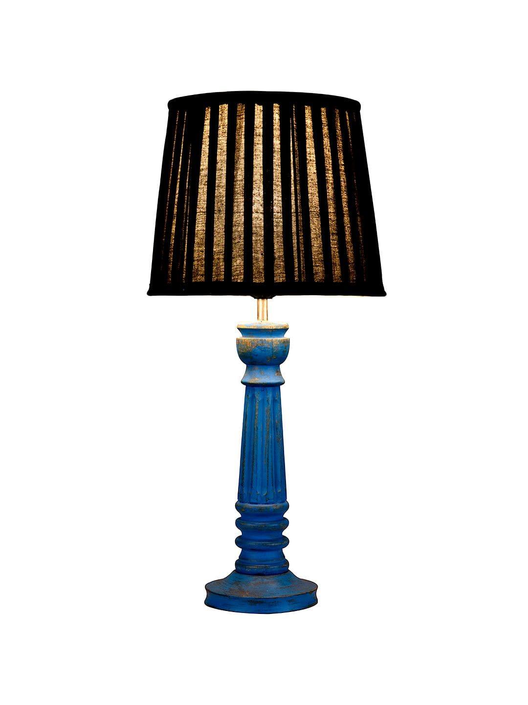 Wooden Pillar Blue lamp with pleeted Black Soft Shade - Ouch Cart 