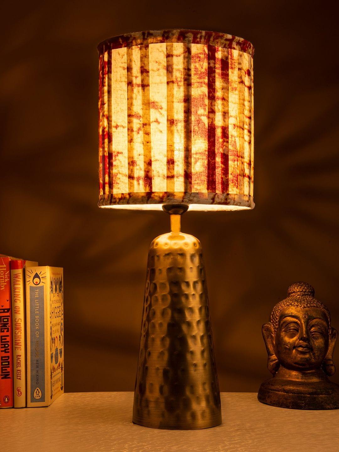 Golden Hammered V-Shaped Lamp with Pleeted Muticolor Maroon Shade - Ouch Cart 