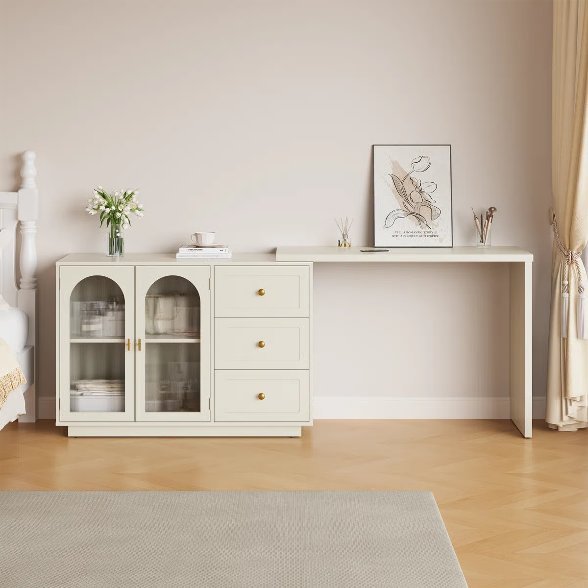 Yokota Extendable Makeup Vanity with 3 Drawers and 2 Acrylic Doors