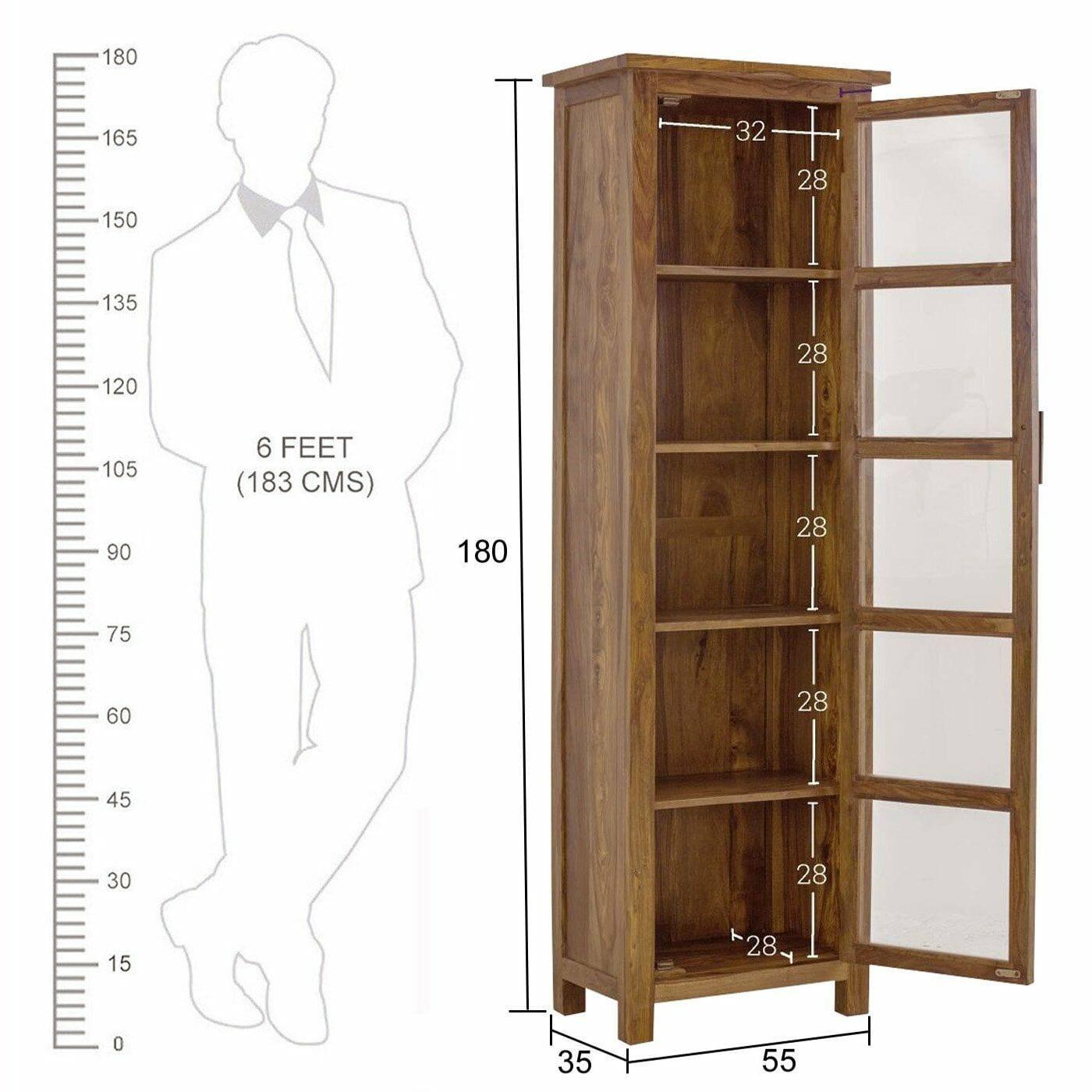 Sheesham Wood Single Door Crockery Cabinet Tall In Honey Finish - Ouch Cart 