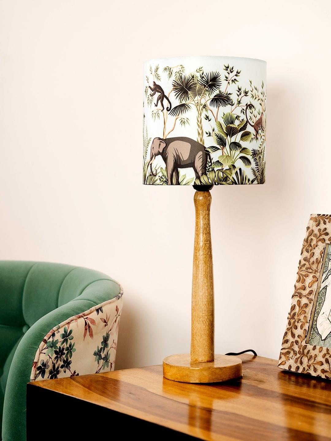 Wooden Brown Lamp with Jungle Print Shade - Ouch Cart 