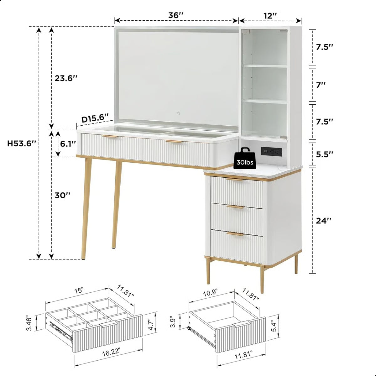 Large 48" Zadia Makeup Vanity Desk with 36" Lighted Mirror, 4 Drawers, 3-Color LED Lights, and Charging Station