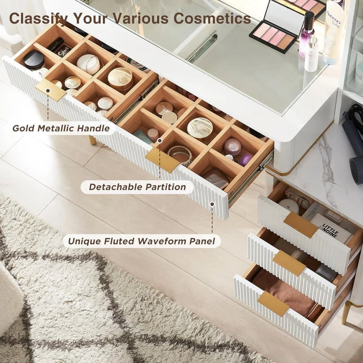 Large 48" Zadia Makeup Vanity Desk with 36" Lighted Mirror, 4 Drawers, 3-Color LED Lights, and Charging Station