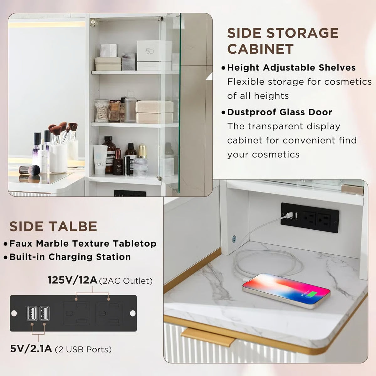 Large 48" Zadia Makeup Vanity Desk with 36" Lighted Mirror, 4 Drawers, 3-Color LED Lights, and Charging Station- OUCH CART | Dressing table