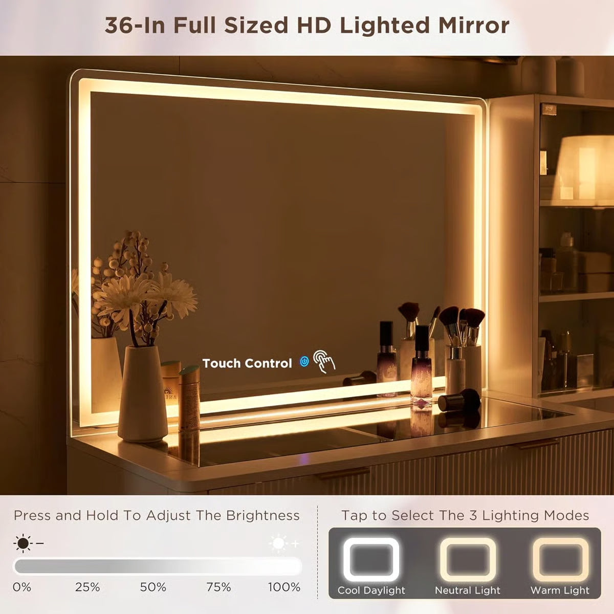 Large 48" Zadia Makeup Vanity Desk with 36" Lighted Mirror, 4 Drawers, 3-Color LED Lights, and Charging Station- OUCH CART | Dressing table