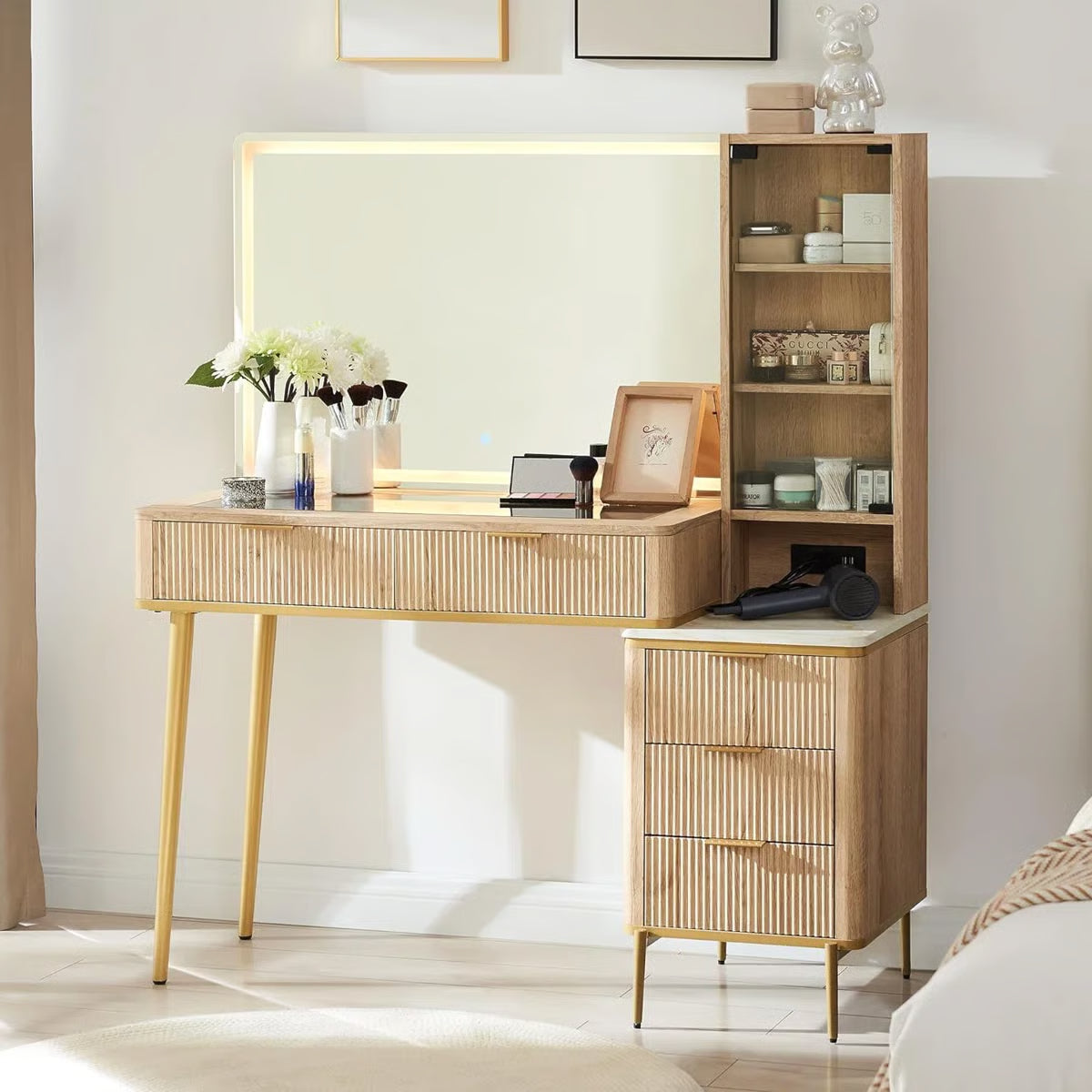 Large 48" Zadia Makeup Vanity Desk with 36" Lighted Mirror, 4 Drawers, 3-Color LED Lights, and Charging Station- OUCH CART | Dressing table