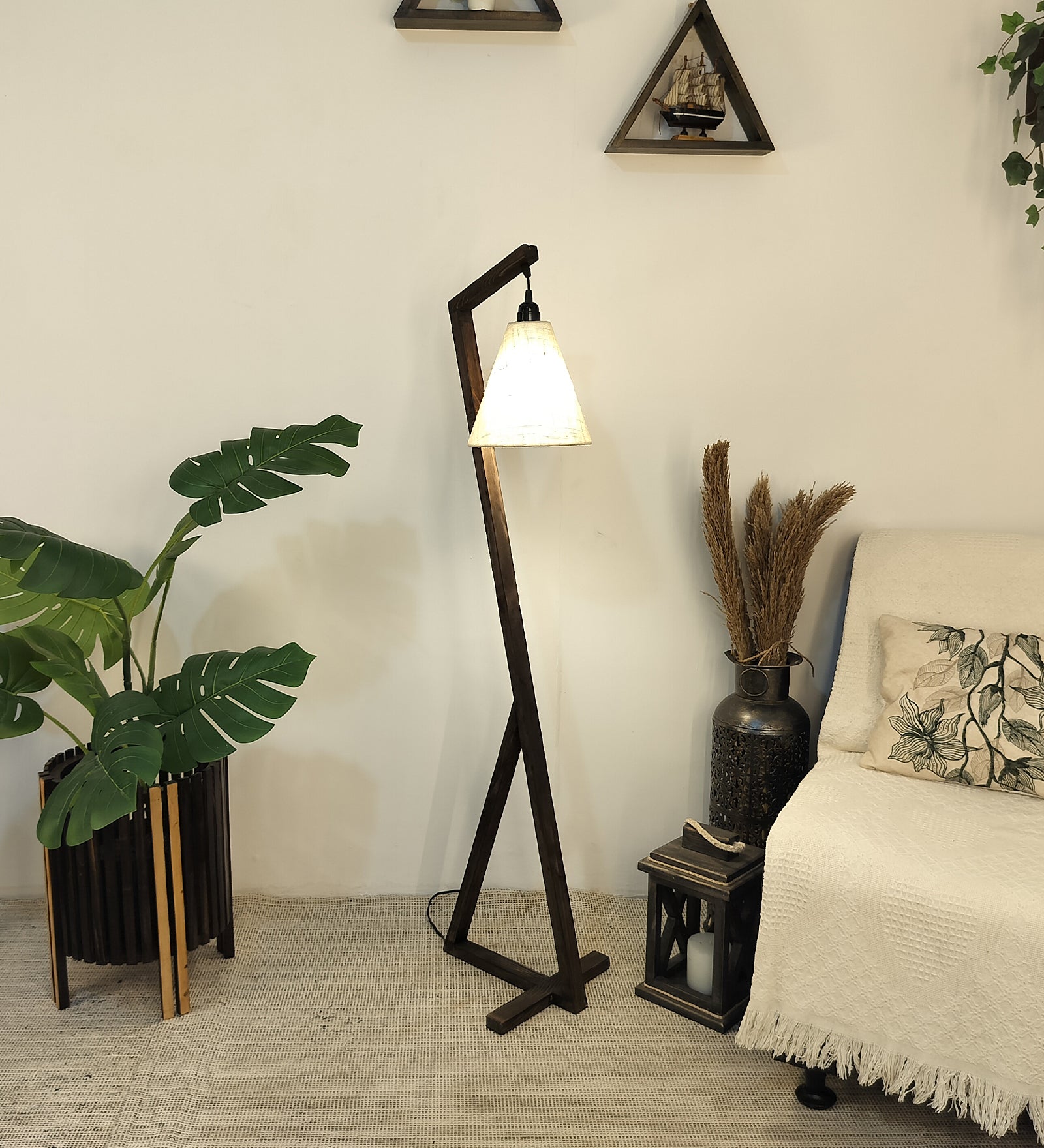 Zed Wooden Floor Lamp with Brown Base and Beige Fabric Lampshade (BULB NOT INCLUDED)