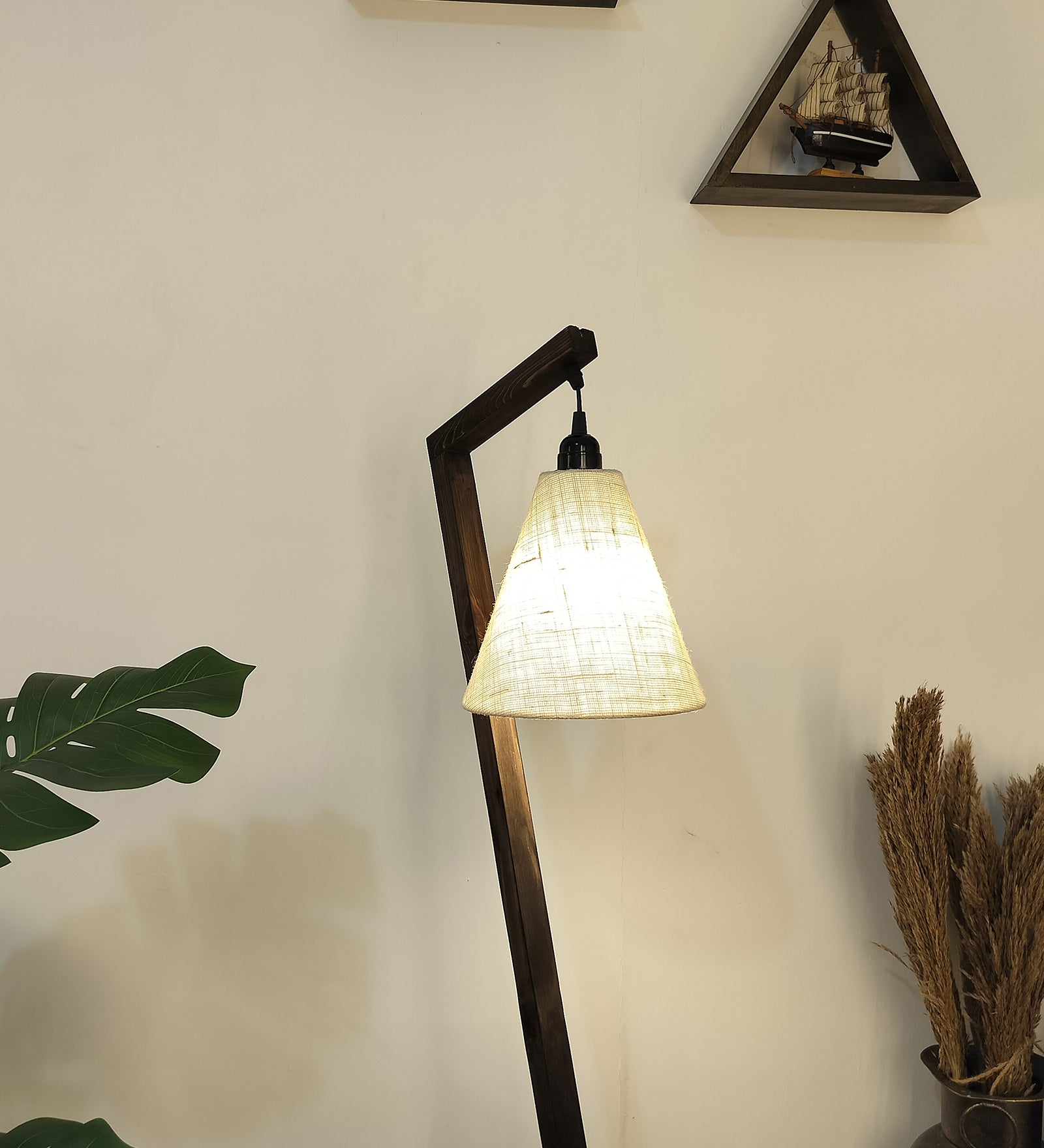 Zed Wooden Floor Lamp with Brown Base and Beige Fabric Lampshade (BULB NOT INCLUDED)