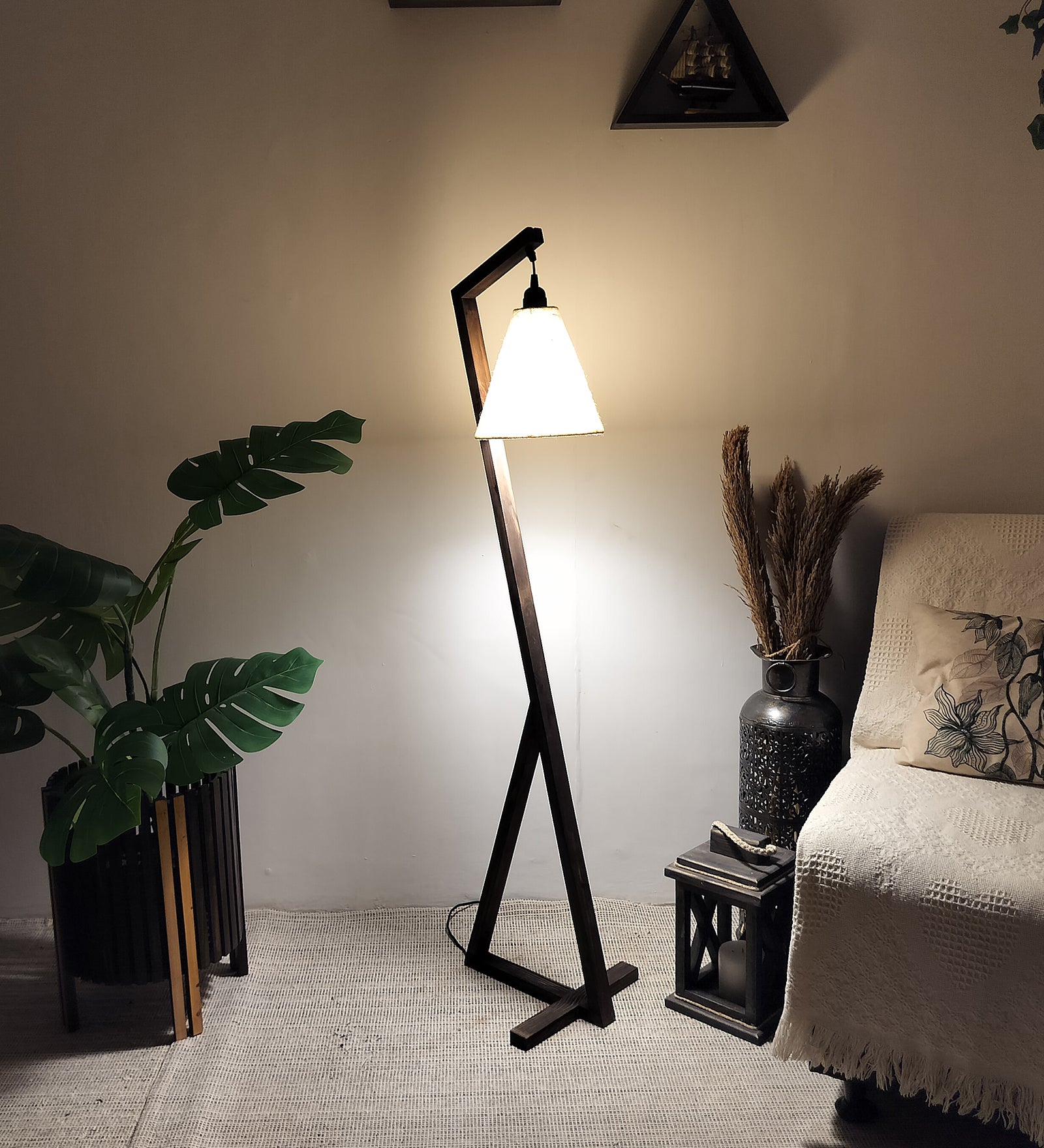 Zed Wooden Floor Lamp with Brown Base and Beige Fabric Lampshade (BULB NOT INCLUDED)