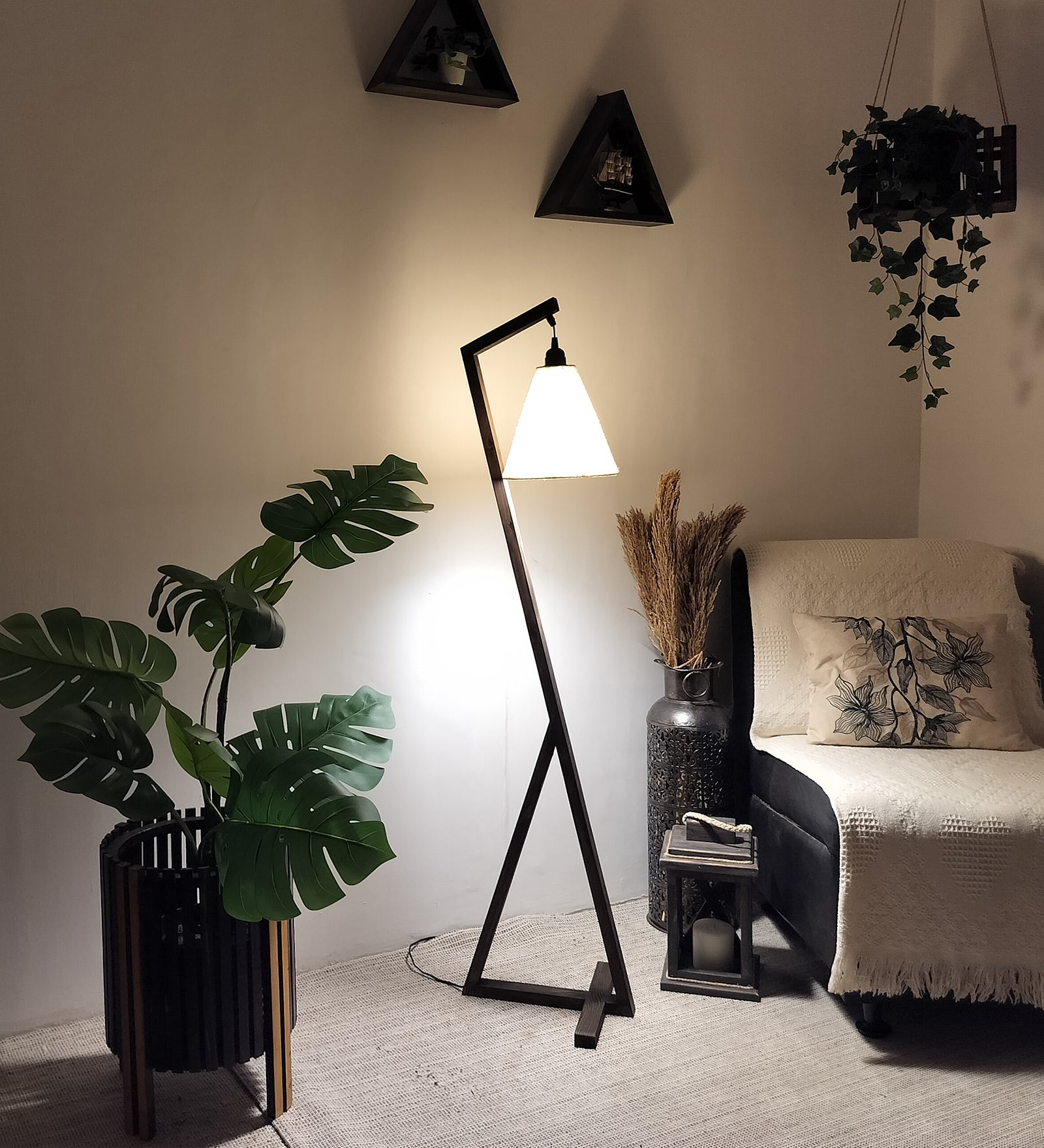 Zed Wooden Floor Lamp with Brown Base and Beige Fabric Lampshade (BULB NOT INCLUDED)