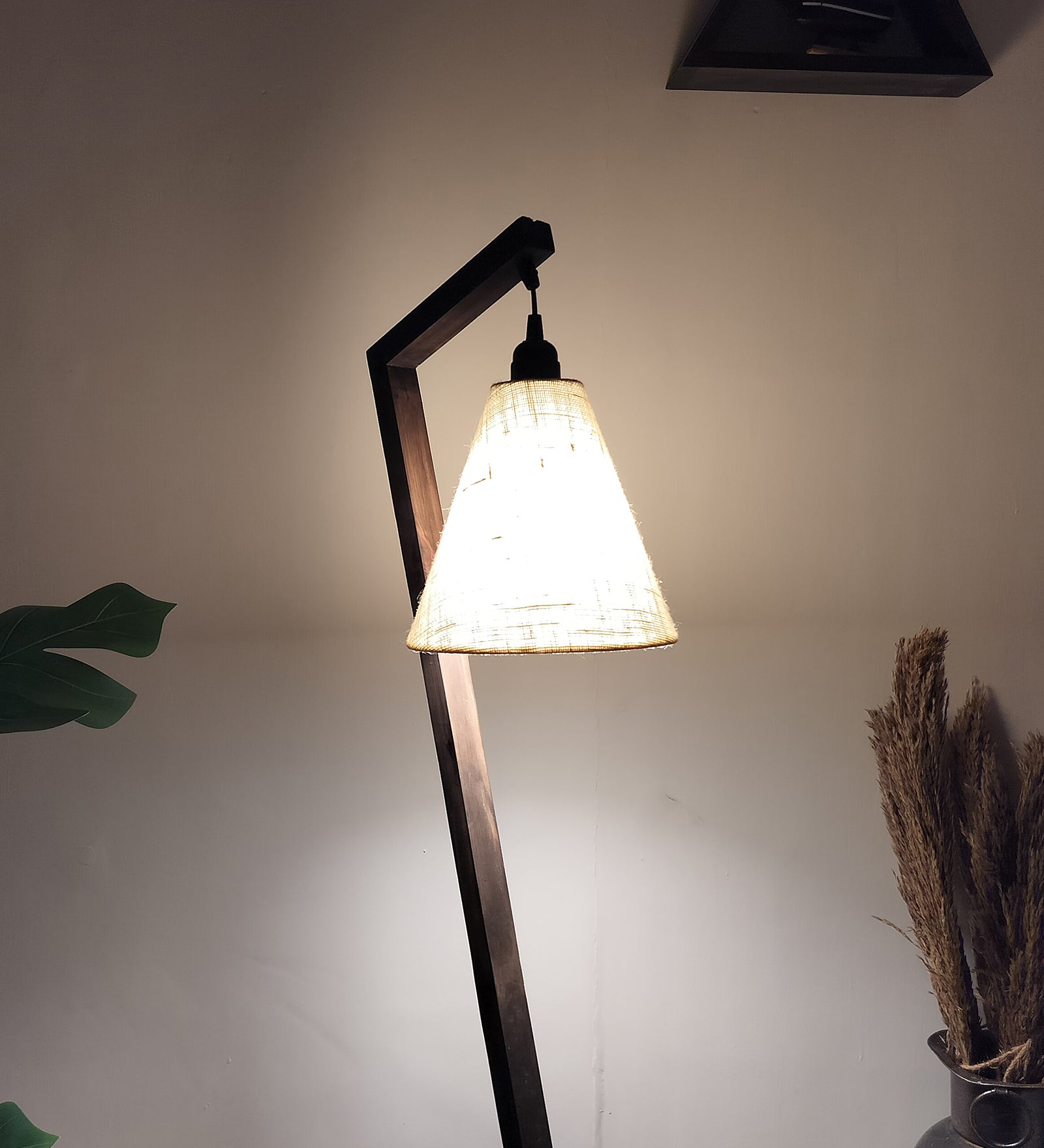 Zed Wooden Floor Lamp with Brown Base and Beige Fabric Lampshade (BULB NOT INCLUDED)