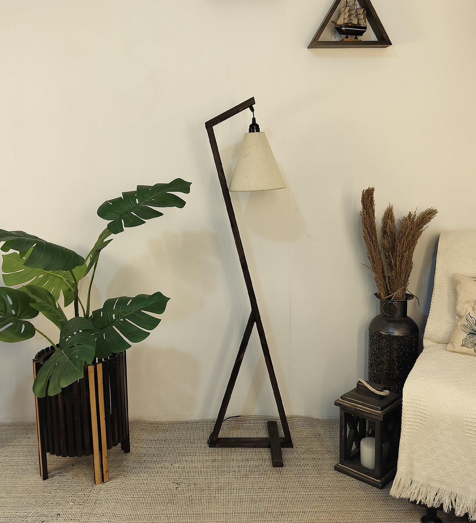 Zed Wooden Floor Lamp with Brown Base and Beige Fabric Lampshade (BULB NOT INCLUDED)