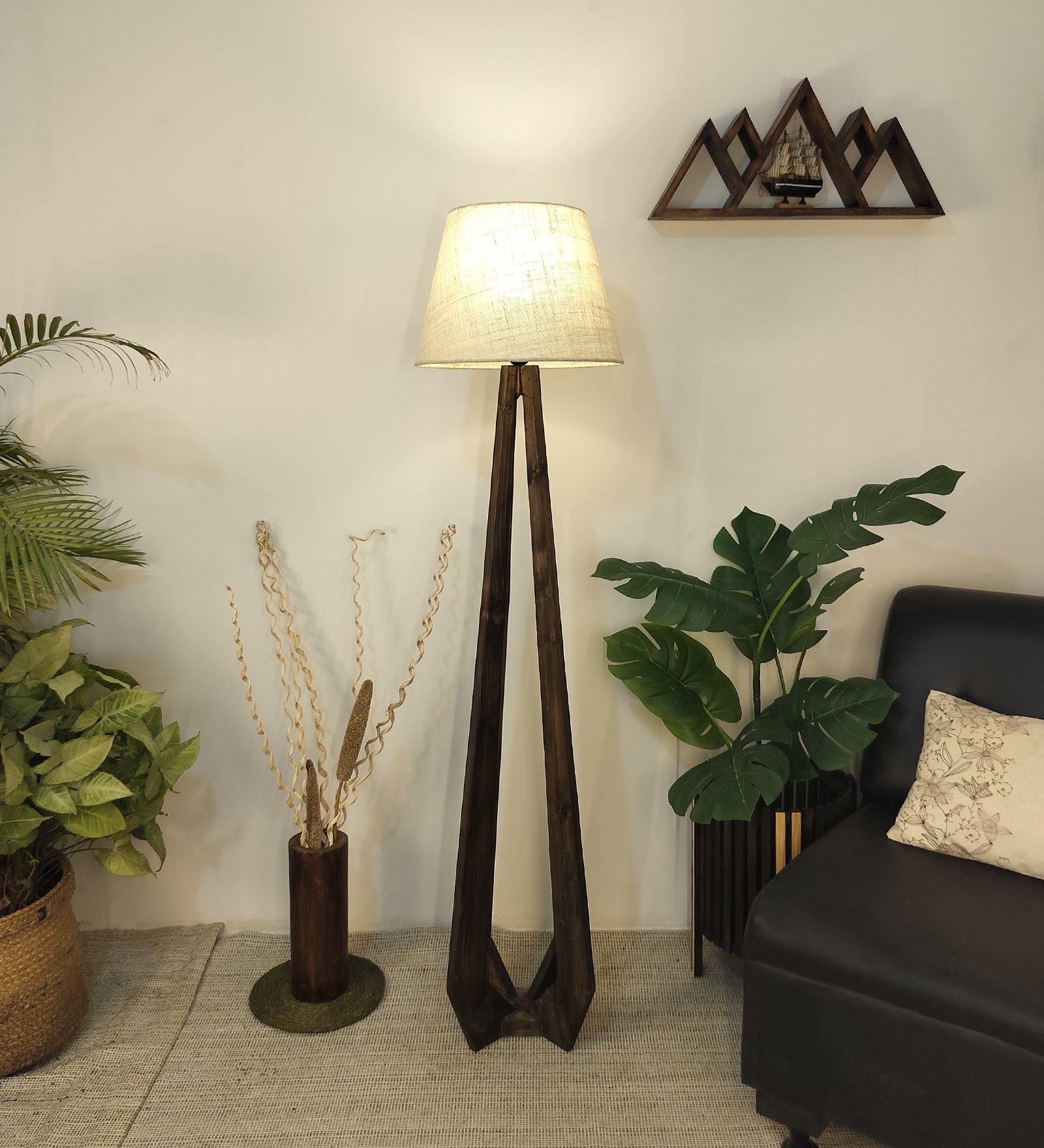 Zoe Wooden Floor Lamp with Brown Base and Jute Fabric Lampshade (BULB NOT INCLUDED)