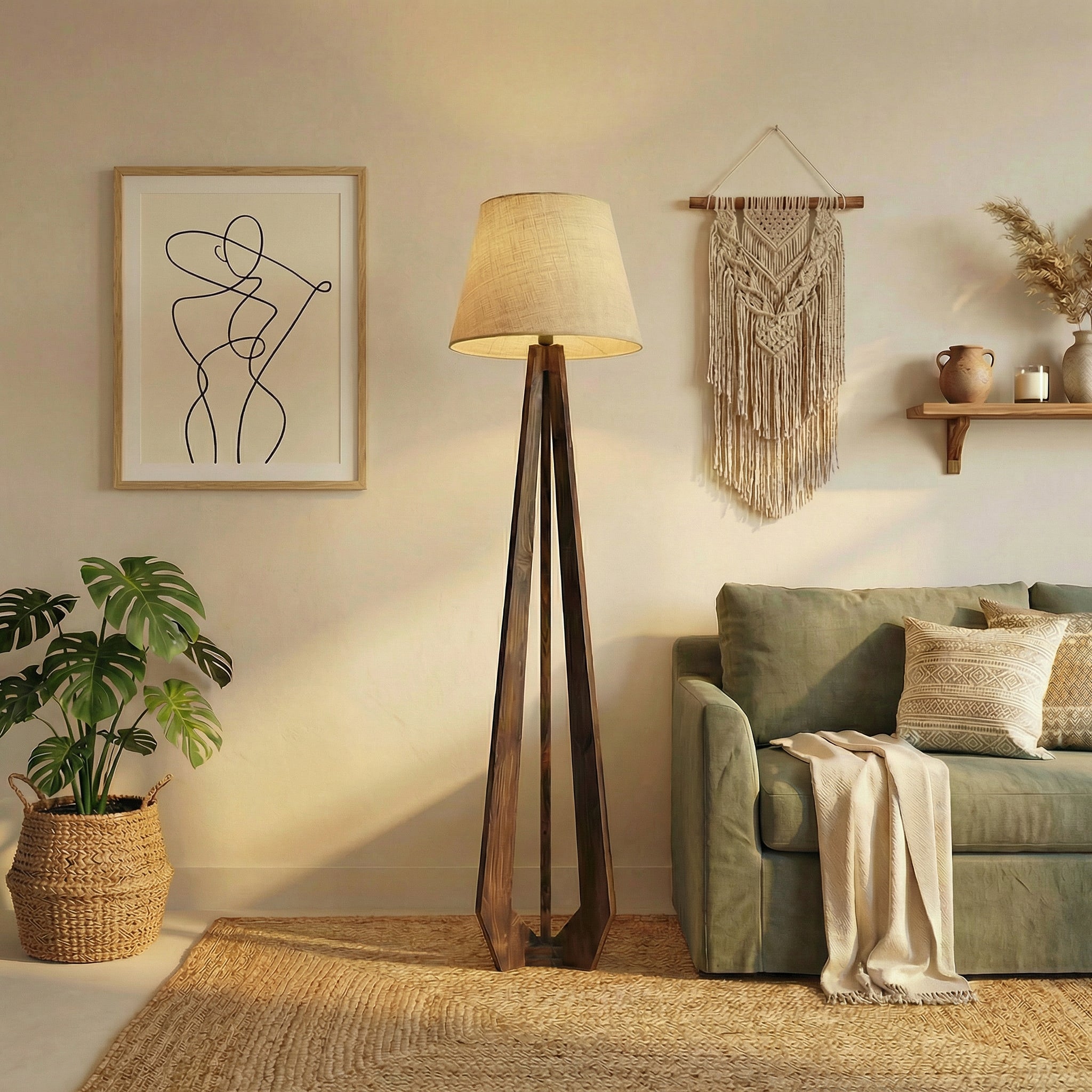 Zoe Wooden Floor Lamp with Brown Base and Jute Fabric Lampshade (BULB NOT INCLUDED)