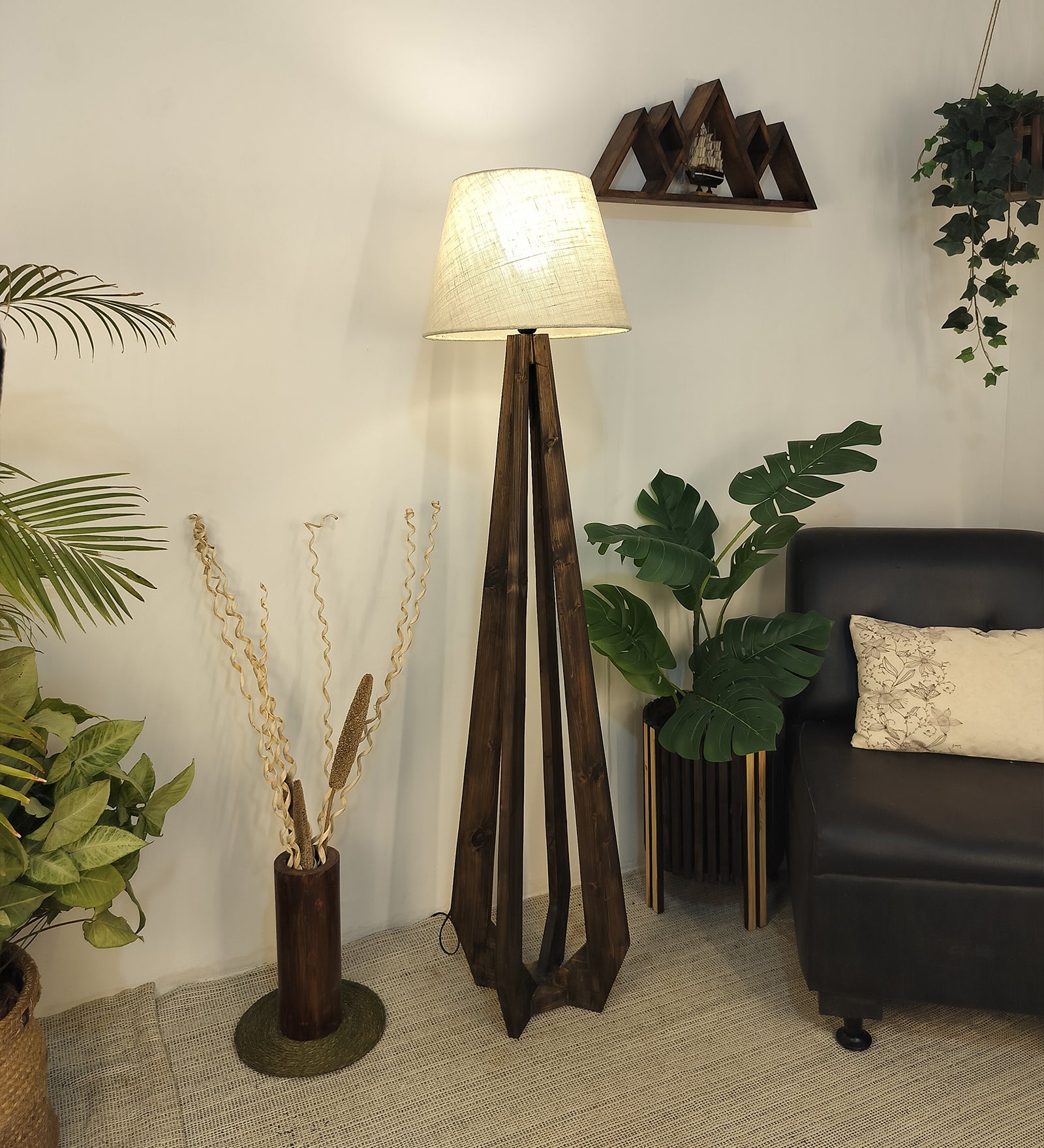 Zoe Wooden Floor Lamp with Brown Base and Jute Fabric Lampshade (BULB NOT INCLUDED)