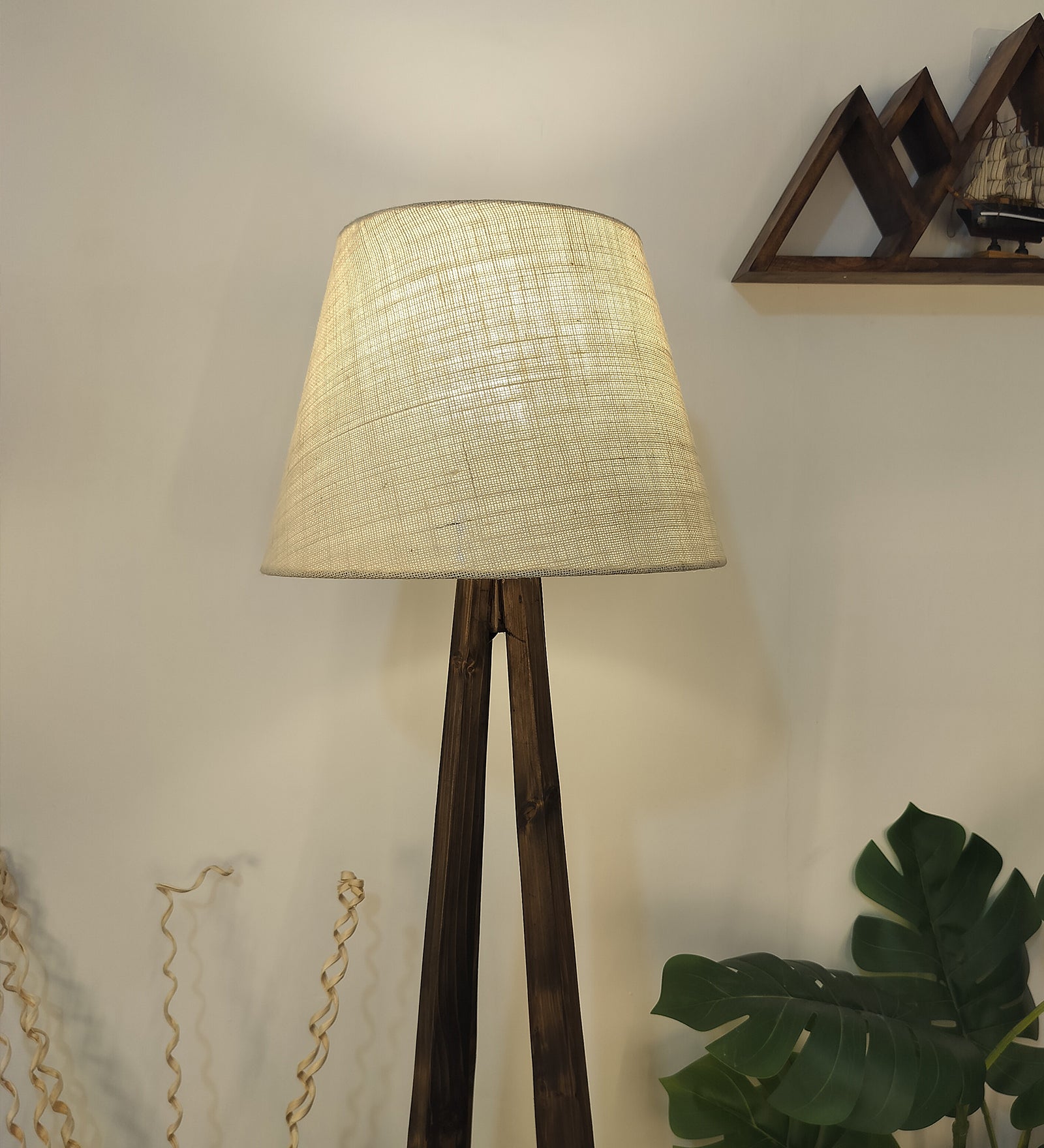 Zoe Wooden Floor Lamp with Brown Base and Jute Fabric Lampshade (BULB NOT INCLUDED)