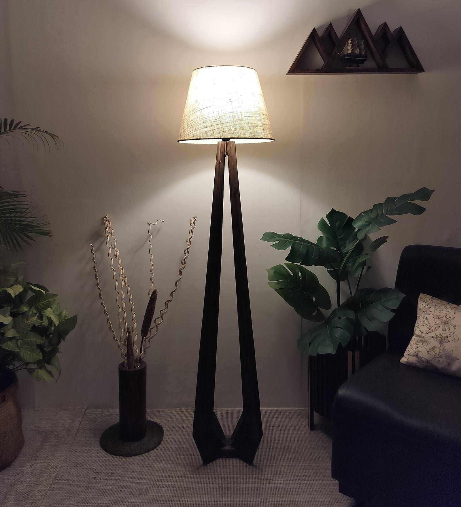 Zoe Wooden Floor Lamp with Brown Base and Jute Fabric Lampshade (BULB NOT INCLUDED)