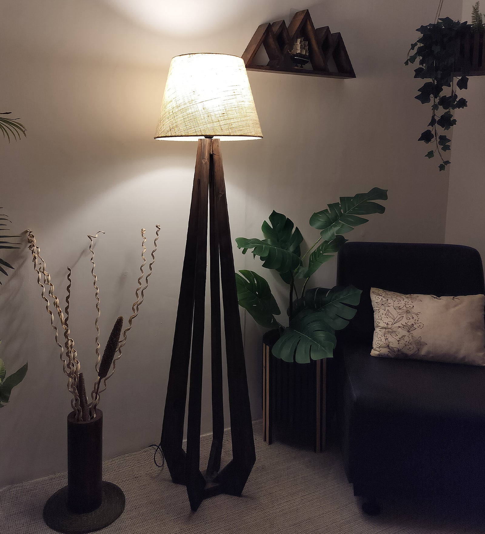 Zoe Wooden Floor Lamp with Brown Base and Jute Fabric Lampshade (BULB NOT INCLUDED)