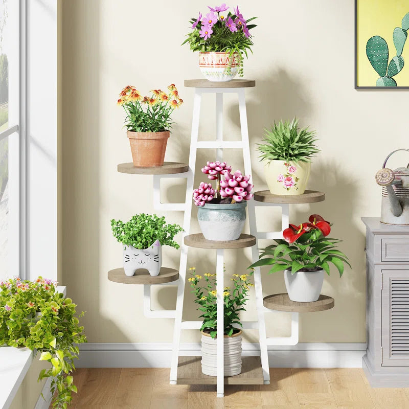 7-Tier Industrial Metal & Wood Corner Plant Stand